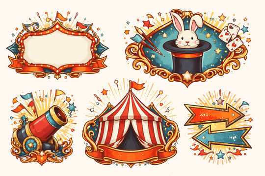 Vintage Circus Emblems and Signs Set with Striped Red and White Marquee Tent, Magic Hat with Rabbit, Cannon, and Ornate Blank Banners for Carnival Fair Entertainment and Show Vector Illustration