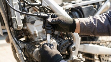 Obraz premium Mechanic wearing gloves replacing spark plug on motorcycle engine