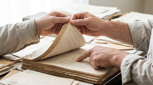 Two people examining old handwritten ledgers and historic documents