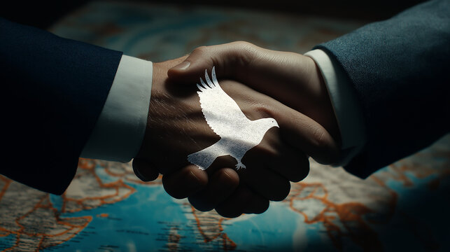 Two hands in formal suits diplomacy) shaking firmly over a large tactical map of the Persian Gulf. A white dove silhouette is subtly overlaid on the Strait of Hormuz area, ceasefire agreement
