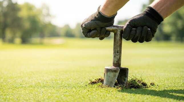 Groundsman wearing gloves using hole cutter tool on golf course green