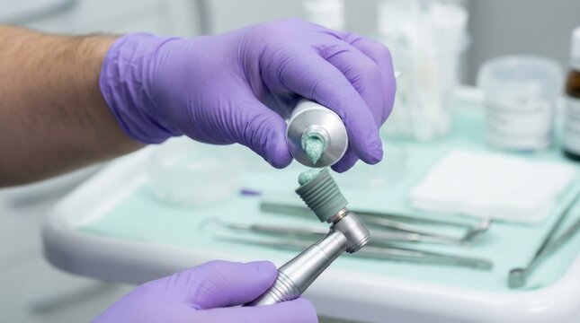 Dentist hands in purple gloves squeezing prophy paste onto polishing drill