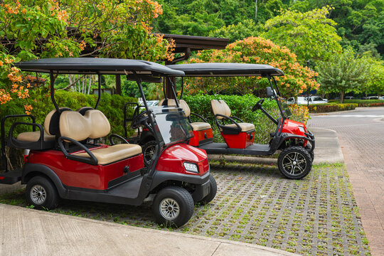 Golf carts parked at a tourist resort.