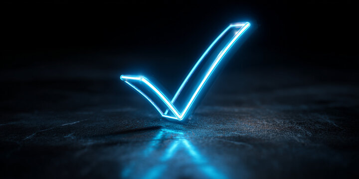 Glowing blue checkmark symbol on dark abstract background. Digital confirmation element for approval or verification. Futuristic tech concept. Success