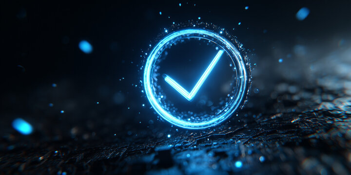 Glowing blue checkmark symbol on dark abstract background. Digital confirmation element for approval or verification. Futuristic tech concept. Success