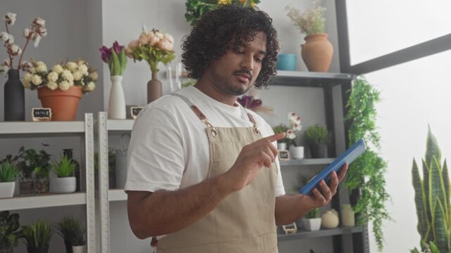 Man florist in apron taps a blue tablet with finger while checking orders beside shelves of potted plants and vases in a shop building; focused small business.
