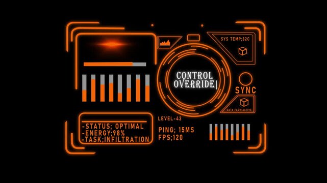 Futuristic hud control override interface with orange digital data overlay 4k heads-up display