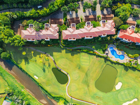 Aerial view of hotel with pool and large grounds