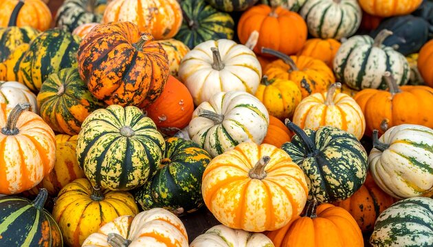 A vibrant assortment of colorful pumpkins and gourds piled closely together, creating a festive autumnal display