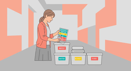 Fototapeta premium Woman organizing emergency supplies for disaster preparedness, survival kit