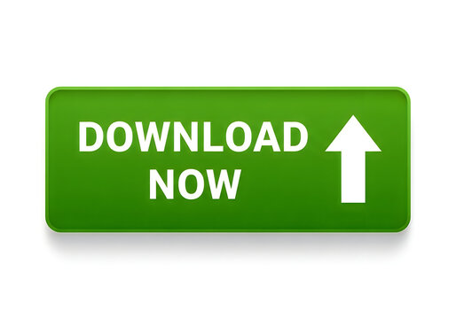 Green download button with upward arrow and text prompting immediate action isolated on white background