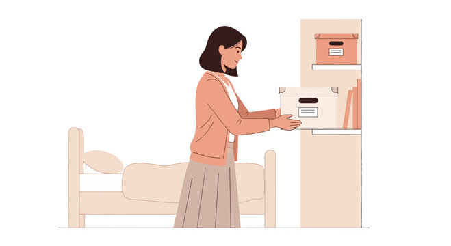Woman organizing boxes in a room with a bed and shelves