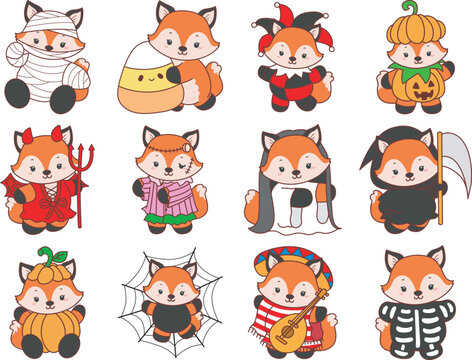Cute set of Fox sticker with activity. Fox with variation of halloween theme