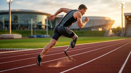 Obraz premium Man sprinter with prosthetic leg running on racing track at stadium. Disabled athlete competing in professional sport. Determination, willpower and motivation. Paralympic training concept.