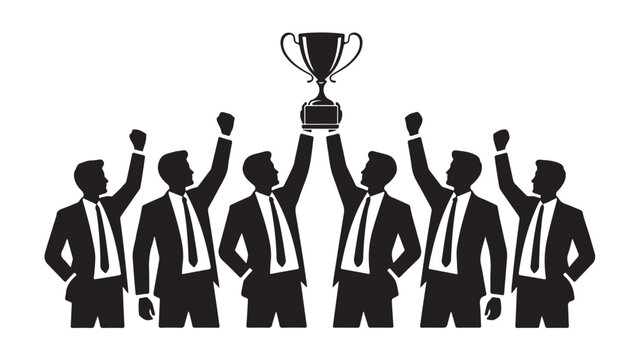 Silhouetted business team raising trophy in celebration