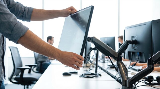 IT professional hands adjusting computer monitor on ergonomic dual screen desk mount