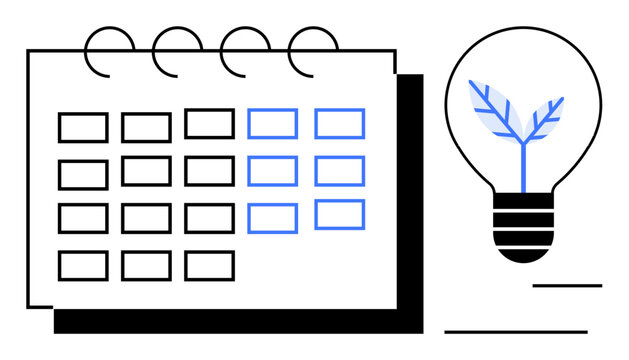 Sustainability, planning, innovation, productivity, eco-friendly concepts, scheduling. A calendar alongside a light bulb with plant design. Sustainability and planning visually