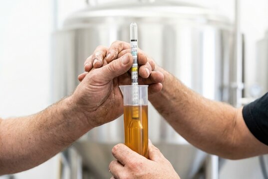 Brewer with dirty hands checking beer specific gravity using glass hydrometer in brewery