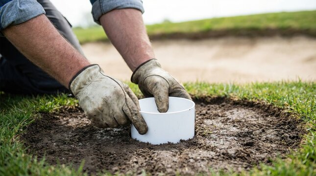 Greenkeeper hands wearing gloves installing white plastic cup into newly cut golf hole