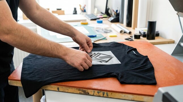 Worker hands peeling clear transfer film off black t shirt with custom heat press graphic