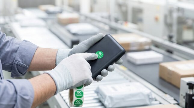 Factory inspector hands in gloves placing green QC passed sticker on black electronic device