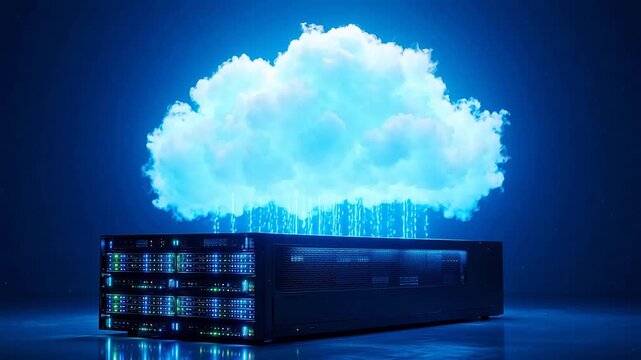 Cloud computing server with glowing cloud for culinary showcases and restaurant branding