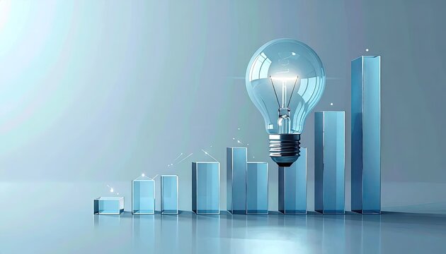 Creative light bulb over rising bar graph in blue gradient background