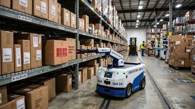 Autonomous warehouse robot navigating aisle in storage facility