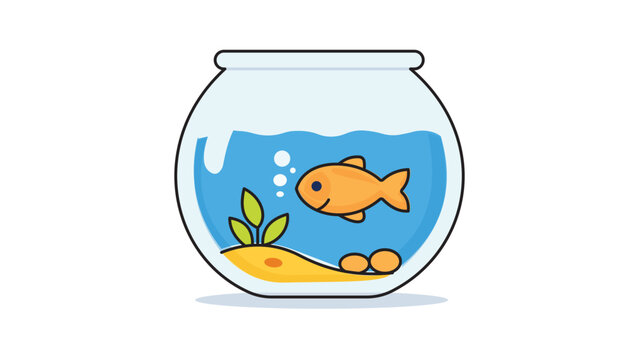 Goldfish in a Round Glass Fish Bowl Illustration, Modern Flat Vector Icon with Editable Stroke, Featuring Water, Sand, Aquatic Plant, and Bubbles, Isolated on White Background for Web and App Design