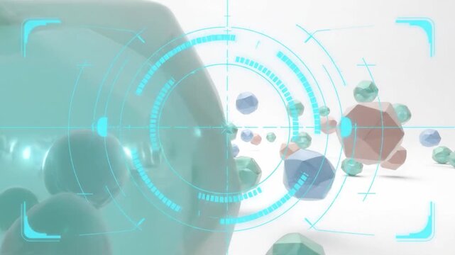 Minimalist geometric polyhedron shapes with translucent surfaces pastel colors combined with futuristic digital interface elements creating modern abstract technology and minimalism design background