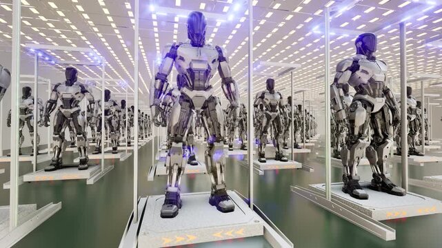 Factory of robots industry line bg 4k