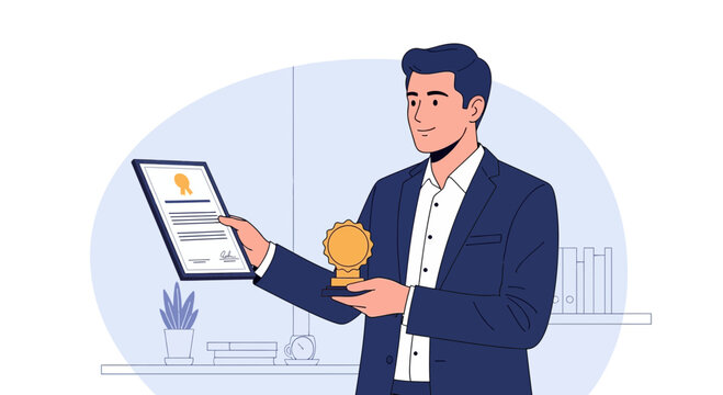 Man holds certificate and trophy in office setting during daytime while standing in front of a shelf with plants and books