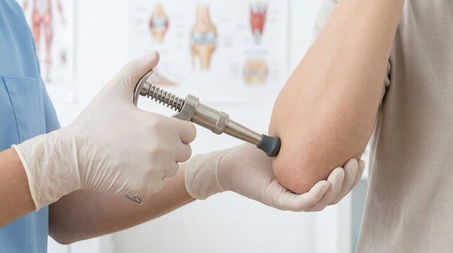 Chiropractor hands using an activator adjusting instrument on a male patient elbow