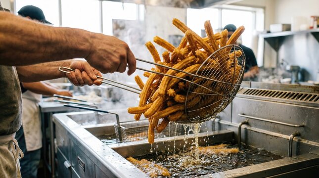 Cook hands lifting fresh hot churros from deep fryer with skimmer in bakery kitchen