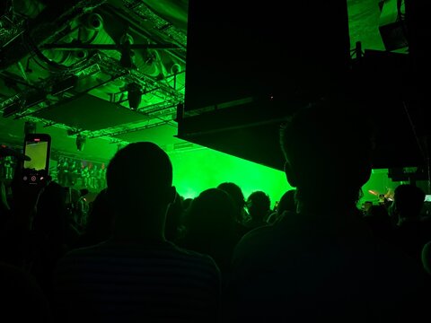 Concert crowd in green light
