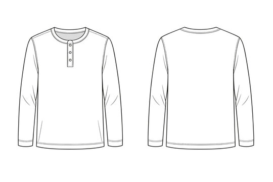 Long Sleeve Henley Neck T-Shirt Technical Flat Sketch with Button Placket and Round Neck. Front and Back View Apparel Design Template for Men and Women. Fashion CAD Illustration for Tech Pack.