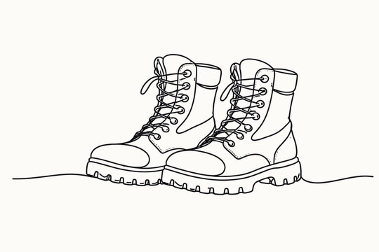 Pair of sturdy combat boots drawn in a minimalist continuous line art style, symbolizing resilience, strength, and hard work. Elegant black and white vector illustration for fashion and adventure.