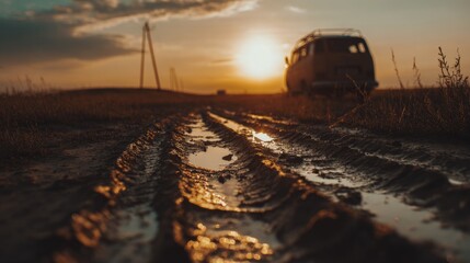Obraz premium offroad. Muddy off-road trail with deep tire tracks, silhouette of a vintage jeep. mobility guides, transit brochures, designed for transport & logistics marketing, used by biotech researchers. 