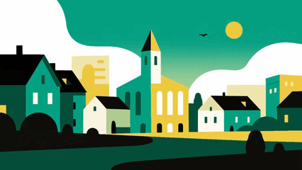 Naklejka premium Modern city landscape with residential houses and skyscrapers, vector illustration of urban town life