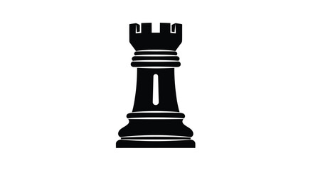 A stark black silhouette depicts a chess rook showcasing its distinctive castle like shape and base © RMvectors02