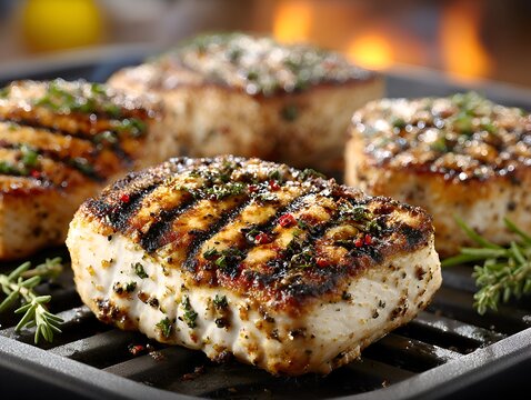 Perfectly grilled swordfish steaks seasoned with herbs sit on a grill with flames in the background ready to be served for dinner tonight.