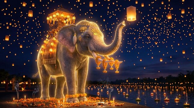 Decorated Elephant in Lantern Light Ceremonial Parade Night