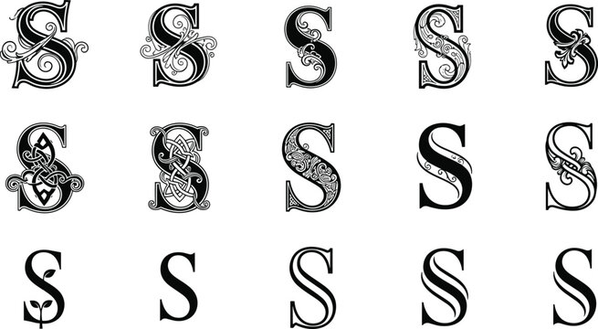 Decorative Letter S Font Style Set with Vintage Ornamental Typography Designs for Logos, Monograms, Calligraphy, and Classic Print Projects