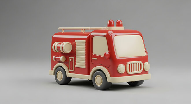 Cute 3d Cartoon Fire Truck with Cream Accents Against Gray Background