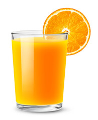 Photo of orange juice in a glass with an orange slice isolated on a white background. © Denis Petrovskikh