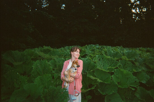 Young Woman Holding Shiba Inu Among Burdock Leaves
