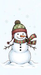 Fototapeta premium Cheerful snowman in knitted hat & scarf, with twig arms, in gentle snowfall