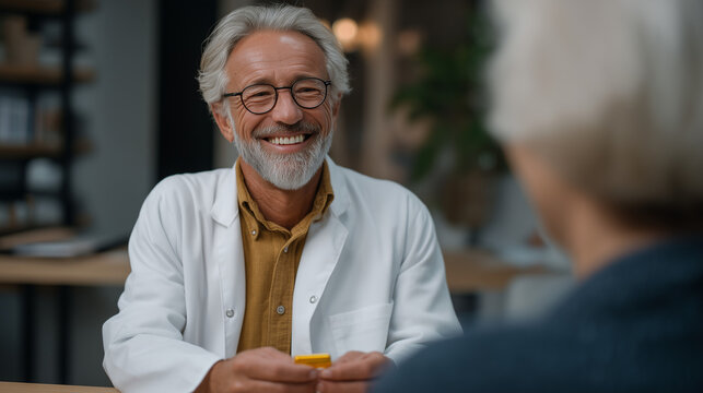 Gastroenterologist explaining capsule endoscopy pill to elderly patient in consultation room, ingestible gut sensor swallow procedure, colorectal screening, digestive health monitoring, gastrointest
