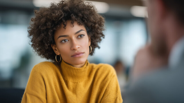 Creative agency pitch meeting gone quiet &mdash; one team member staring at her notes while the client across the table looks unconvinced, tension and silence, professional services, advertising industry 