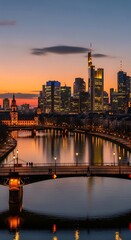 Naklejka premium City skyline at dusk reflects on calm river, modern buildings illuminated by warm lights